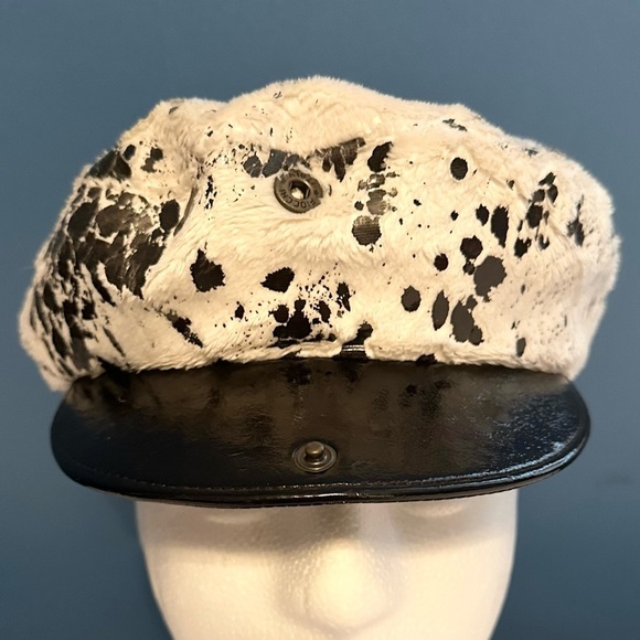 Vintage PLATANIA Italy Womens Newsboy Hat Faux Fur Black &Ivory Spotted Ink blot main image 11